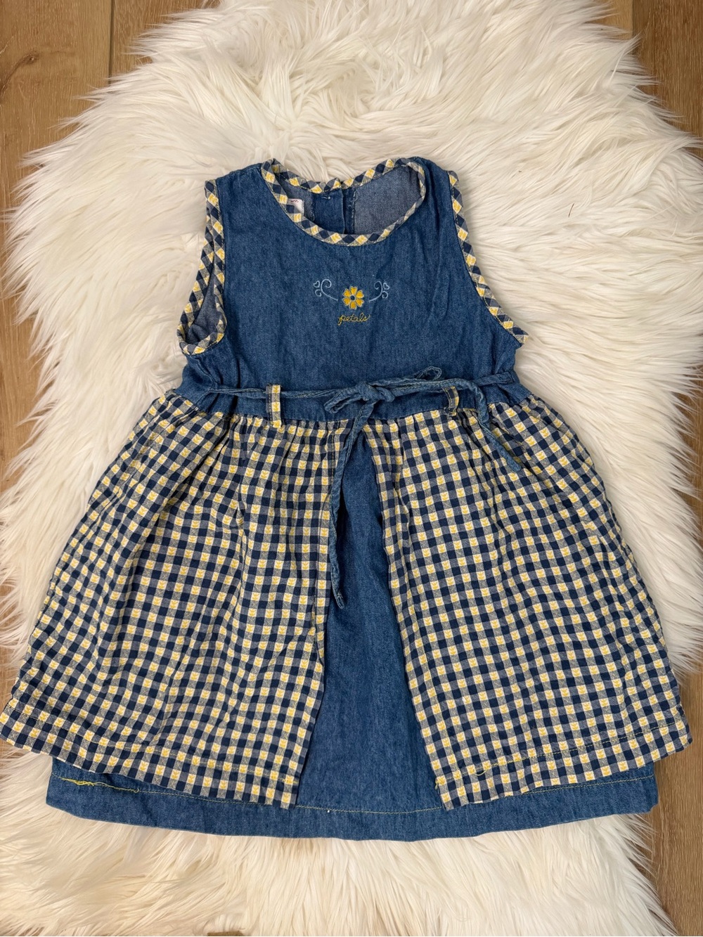 C.C Bates Vintage Blue Denim and Yellow Gingham Girls' Dress with‎ Tie Size 4